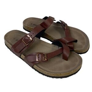 Mysoft Womens Size 10 Brown Sandals Open Round Toe Double Buckle Slip On Shoes